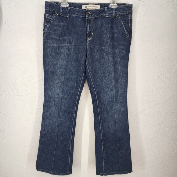 GAP Ultra Low Rise Dark Wash Flare Wide Leg Jeans Trousers Size 14 - Picture 1 of 5